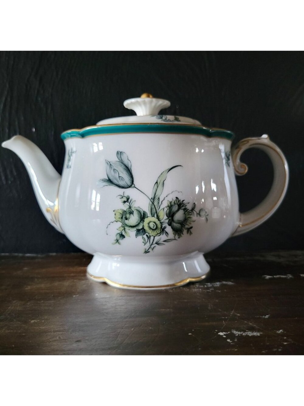 Vintage Royal Bayreuth Teal Tulip Teapot Floral Design Gold Trim